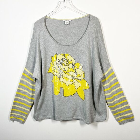 Joan Vass Rose Striped Cotton Sweater Grey Yellow Women’s Size 2X - Picture 3 of 10